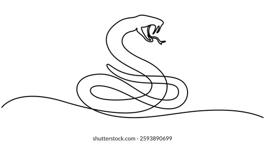 Snake in one continuous line. One line drawing, minimalism. Vector illustration. Snake One continuous line drawing. Snake in simple doodle style, Snake one line continuous. Hand drawn vector art. 