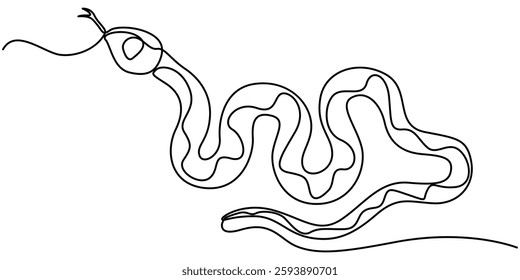 Snake in one continuous line. One line drawing, minimalism. Vector illustration. Snake One continuous line drawing. Snake in simple doodle style, Snake one line continuous. Hand drawn vector art. 