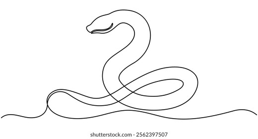 Snake one line continuous. Hand drawn vector art, Continuous one line art drawing of venomous snake outline art vector illustration, Vector illustration of viper isolated on white background. For kids