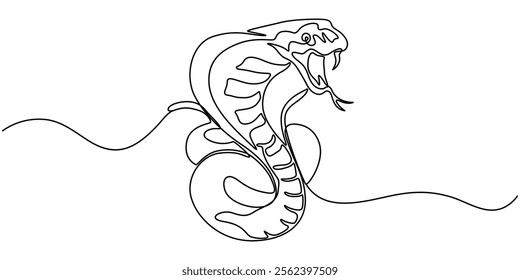 Snake one line continuous. Hand drawn vector art, Continuous one line art drawing of venomous snake outline art vector illustration, Vector illustration of viper isolated on white background. For kids