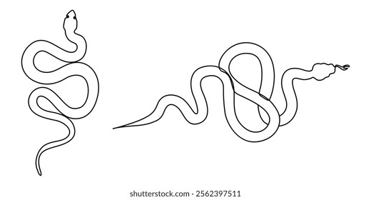 Snake one line continuous. Hand drawn vector art, Continuous one line art drawing of venomous snake outline art vector illustration, Vector illustration of viper isolated on white background. For kids