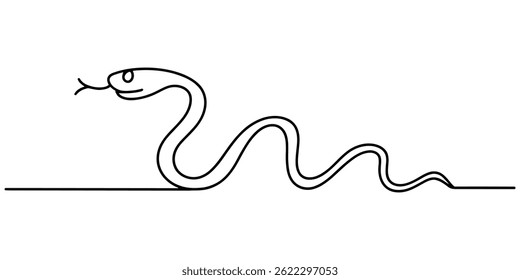 Snake one line drawing on white isolated background. 2025 Chinese New Year, Snake in one continuous line. One line drawing, minimalism. Vector illustration, Snake tattoo sticker logotype.