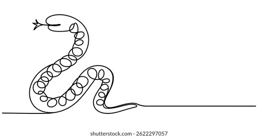 Snake one line drawing on white isolated background. 2025 Chinese New Year, Snake in one continuous line. One line drawing, minimalism. Vector illustration, Snake tattoo sticker logotype.