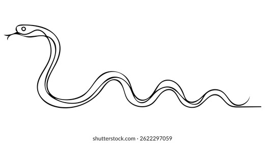 Snake one line drawing on white isolated background. 2025 Chinese New Year, Snake in one continuous line. One line drawing, minimalism. Vector illustration, Snake tattoo sticker logotype.