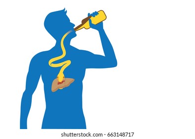 Snake out of alcohol bottle into body to attack liver while people drinking isolated on white. Illustration about health care.