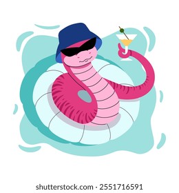 Snake in panama swims in pool on circle and drinks cocktail. Summer vibe character. Symbol of Chinese New Year. Suitable for greeting card, calendar, packaging. Vector flat illustration.