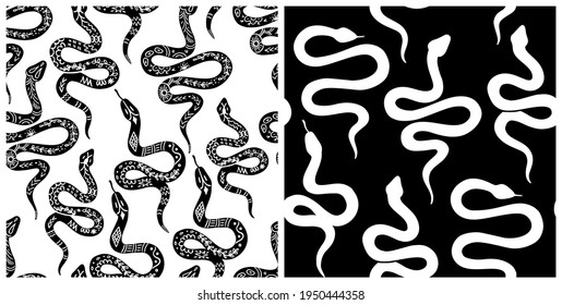 Snake pattern, black and white celestial serpent seamless pattern. Snake silhouettes in boho, mystical graphic style. Vector illustration bohemian ornament in linocut style. Mystic serpent background