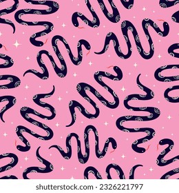 Snake pattern. Pink Halloween Gothic background with magical snakes.