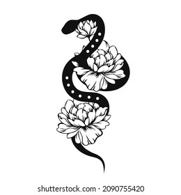 Snake with peonies. Hand drawn illustration converted to vector.