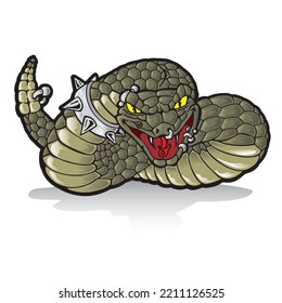 Snake with piercings and a metal collar with studs. Dangerous snake illustration concept.