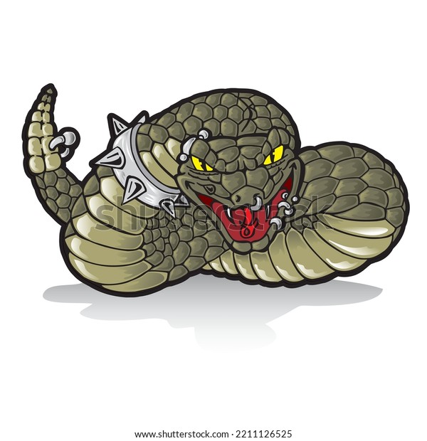 Snake with piercings and a metal\
collar with studs. Dangerous snake illustration\
concept.