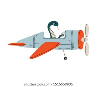 Snake Pilot Flying on Retro Plane in the Sky, Cute Reptile Animal Character Piloting Airplane Vector Illustration