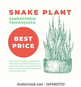 Snake Plant Abstract Vector Sign or Label Template. Hand Drawn Potted Grass Leaf Sillhouette with Modern Typography Home Gardening Card. Houseplant Advertising Emblem or Package Label. Isolated.
