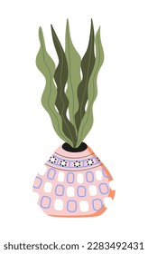 Snake plant with clay pot with ornaments vector set. Plant growing in pot or planter. Beautiful natural home. Icon of city jungle.