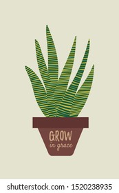 Snake plant drawing. Sansevieria house plant design. Poster or card with plant quote. Succulent potted plant. Vector colorful illustration in simple cartoon flat style. 