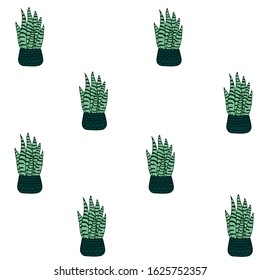 snake plant seamless vector pattern. cute flat house plant pattern. Sansevieria trifasciata lso called as mother-in-law's tongue in the cute green pot. house gardining. White background. 