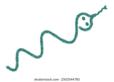 Snake. Plush reptile made of green tinsel. Colored vector illustration. Isolated white background. Crawling animal with tongue. Idea for web design.