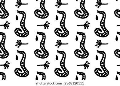 Snake poison and herbs. Doodle, black and white outlines.  Reptile drawing. Seamless vector pattern. Magic, witchcraft, Halloween.