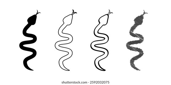 Snake with poisonous tongue. Tropical wildlife reptiles. Cartoon snakes. Poisoned serpents. Snake silhouet, python, anaconda. Animal icon. Wild life symbol. Reptile snake