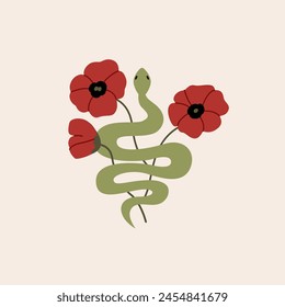 Snake with poppy flowers. Vector flat illustration