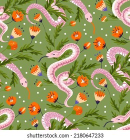Flor de rosa de amapola de serpiente patrón vectorial celestial sin fisuras. Fondo mágico de jardín floral