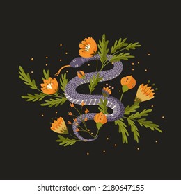 Snake and poppy rose flower magic print. Tattoo vintage fashion vector wild animal reptile.