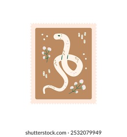 Carimbo postal de cobra. Adesivo de animal réptil. Ilustração plana desenhada à mão vetorial