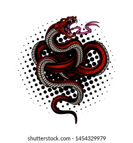 Snake poster design. Vector hand drawn illustration of snake in engraving technique halftone and paint splashes on white background. Modern fashionable tee shirt print or label design.