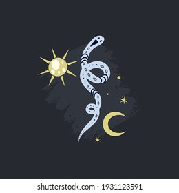 Snake poster. Doodle hand drawn pink and blue snakes on dark background with moon sun and stars, contemporary cartoon design collection, magic reptiles, decorative vector magic t-shirt print