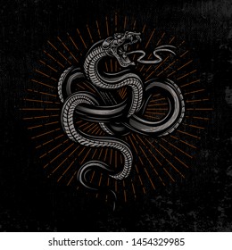 Snake poster. Hand drawn illustration in engraving technique with star rays and grunge background.  