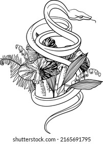 A snake preparing to attack among poisonous mushrooms, lilies of the valley and ferns. Black and white sketch for tattoo, print for clothes, poster. Vector illustration