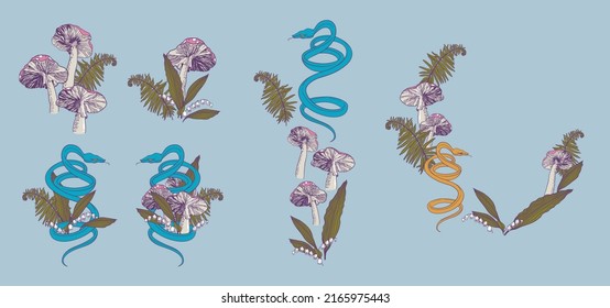 A snake preparing to attack among poisonous mushrooms, lilies of the valley and ferns. Color sketch for tattoo, print for clothes, poster. Vector illustration