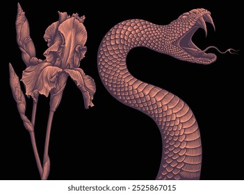 Snake protects the flower. Design set. Editable hand drawn illustration. Vector vintage engraving. Isolated on black background. 8 EPS