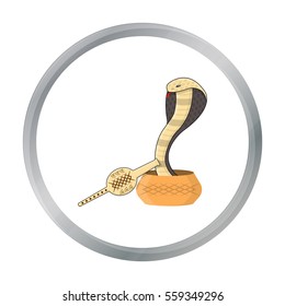 Snake and pungi icon in cartoon style isolated on white background. India symbol stock vector illustration.