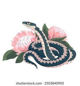 Snake with rare pink protea flowers. Vector illustration template for 2025 Year of Snake. Exotic flowers composition with symbol of Chinese new year. Typography for print, t-shirt, card, flyer, banner