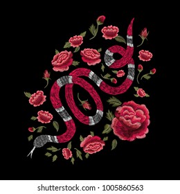 snake and red roses. Traditional stylish floral embroidery stitch on a black background. Sketch for printing on fabric, clothing, bag, accessories and design. Vector, trend