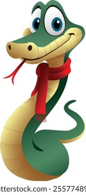 Snake in a red scarf. Green snake. Blue-eyed snake.