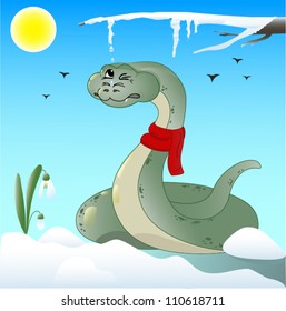 Snake in a red scarf walks under the melting icicles