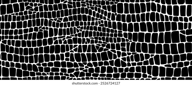 Réptil de cobra, crocodilo ou padrão de pele de couro animal dinossauro, fundo vetorial. Fundo de textura preto e branco abstrato de padrão de pele de crocodilo ou cobra, python, jacaré ou couro de cobra