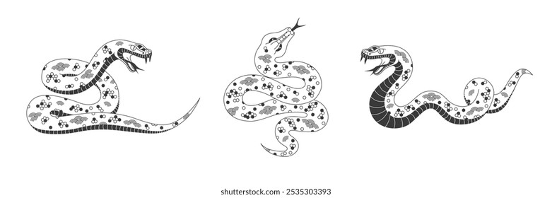 Répteis de cobra com conjunto de ornamentos chineses. Símbolo zodíaco preto ano da cobra 2025 isolado no fundo branco. Elementos editáveis do vetor do traço para o projeto lunar chinês do ano novo