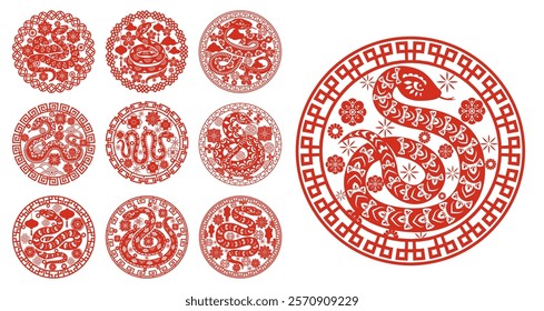 Snake reptiles with ornament for Chinese Lunar New Year and Asian holiday, vector symbols. Chinese New Year paper cut ornaments with snake, clouds and flowers for greeting card decoration and calendar