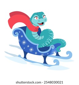 Snake rides winter sleigh. Cute character is symbol of Chinese New Year. Christmas vector illustration. Lunar New Year, traditions, celebration. Suitable for greeting card, calendar, packaging.