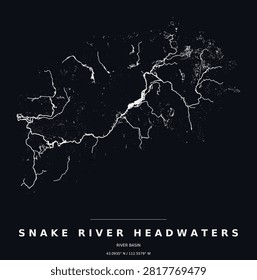 Snake River Headwaters drainage basin watershed map, white streams on black, minimalist line art poster and modern wall decor