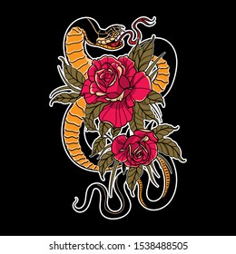 Snake with rose drawing. Vector design for fashion graphic. T-shirts design in the style of a traditional tattoo. Vector illustration for t-shirt apparels and other uses.