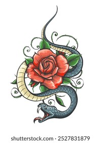 Snake and Rose Flower Colored Tattoo in Engraving Style isolated on white background vector illustration.