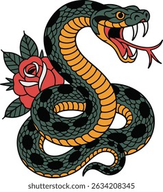 Snake with Rose Tattoo Vector Design