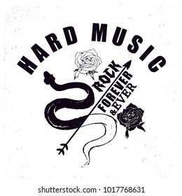 Snake and rose vector illustration with typography. Slogan t-shirt design. Rock forever.