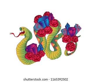 Snake with roses and gemstones. Old school tattoo design. Isolated element on white background. Vector illustration 