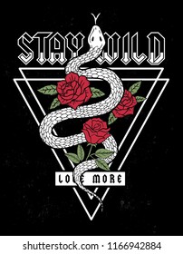 Snake and roses illustration with stay wild slogan. For t-shirt and other uses.