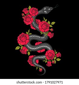 Snake and roses illustration. Vector illustration. Hand drawn illustration for t-shirt print, fabric and other uses.